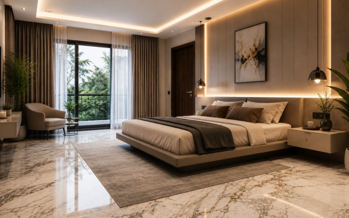 Luxury bedroom with a shiny marble floor and cozy warm lighting.