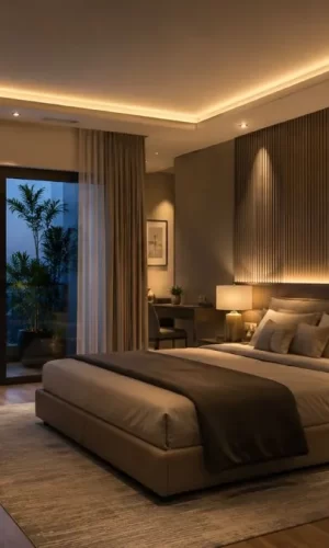 Cozy bedroom setup with warm ceiling cove lights, bedside lamps, and accent lighting.