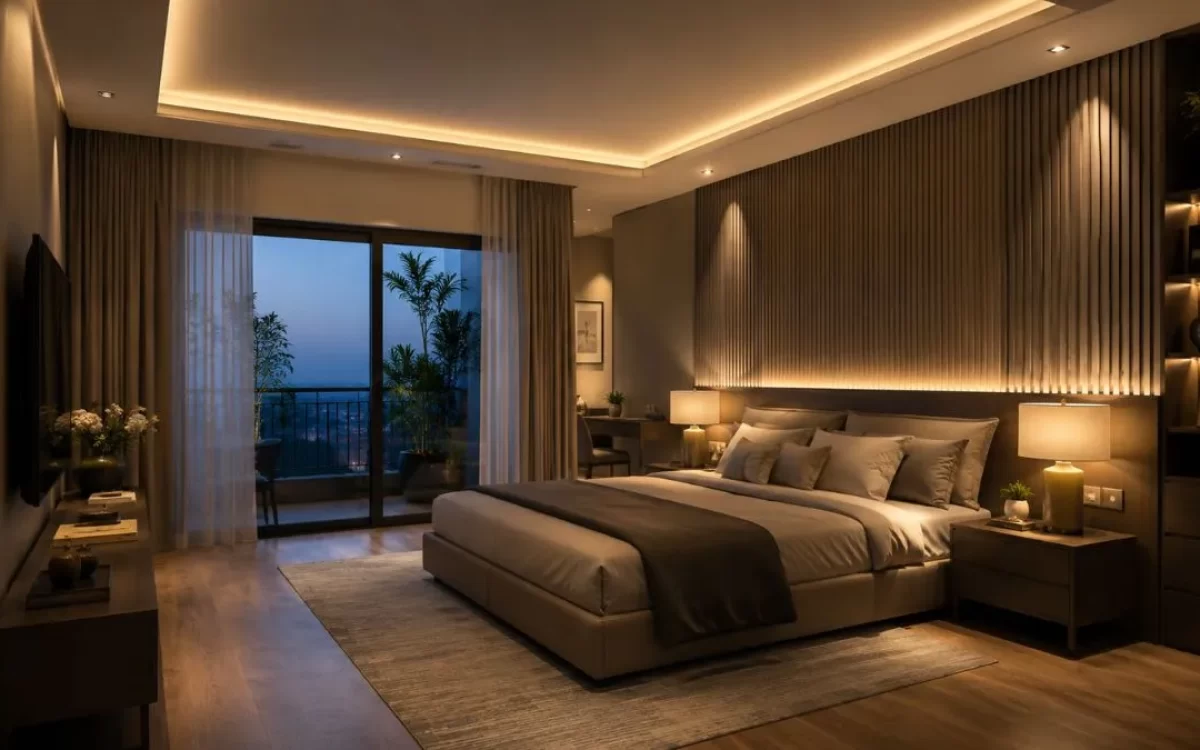 Cozy bedroom setup with warm ceiling cove lights, bedside lamps, and accent lighting.