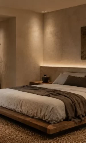 Wabi-Sabi bedroom with a low wood bed, rustic walls, warm LED lights, and dark vases.