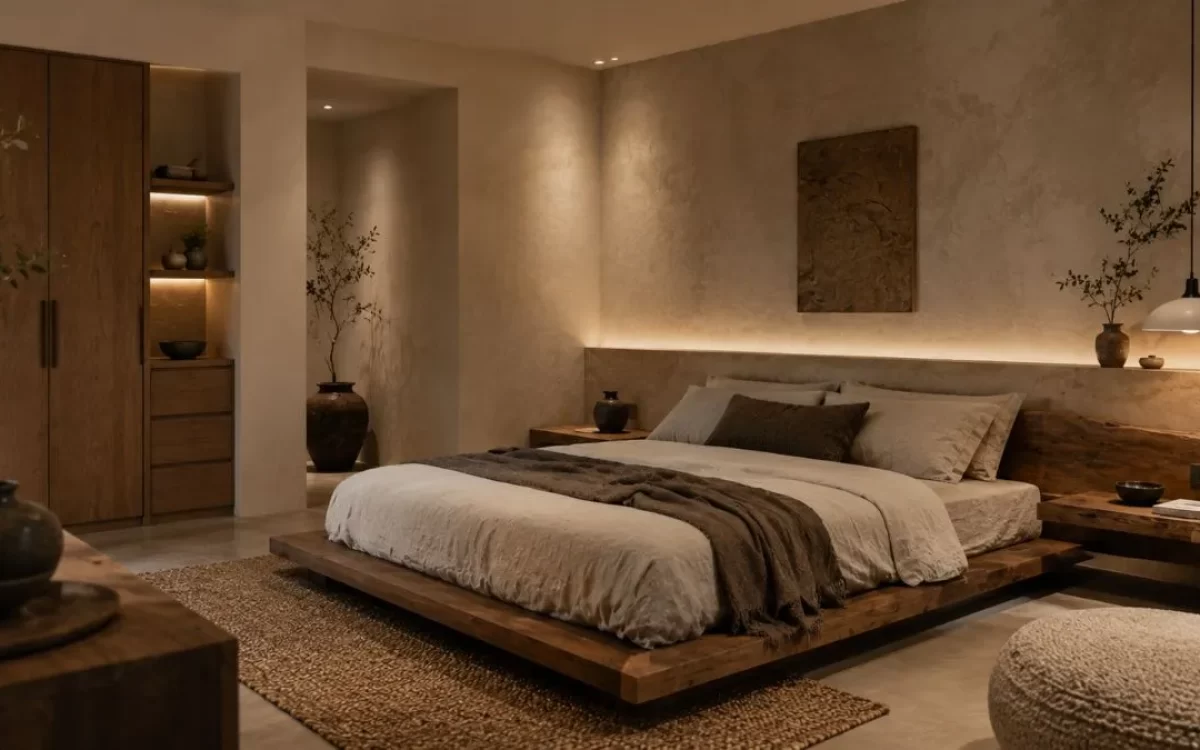 Wabi-Sabi bedroom with a low wood bed, rustic walls, warm LED lights, and dark vases.