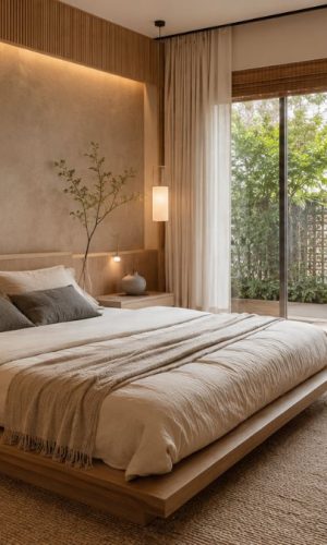 Cozy Japandi bedroom with a low wooden bed, beige bedding, a small chair, and garden view.