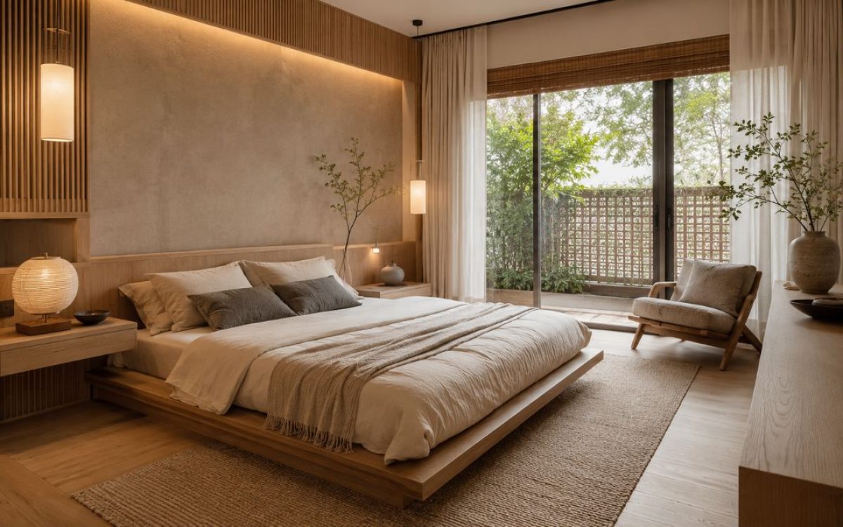 Cozy Japandi bedroom with a low wooden bed, beige bedding, a small chair, and garden view.
