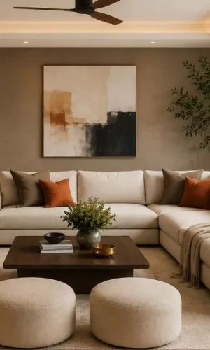 Warm living room with a beige sectional couch, brown accent wall, and small orange accent pillows.
