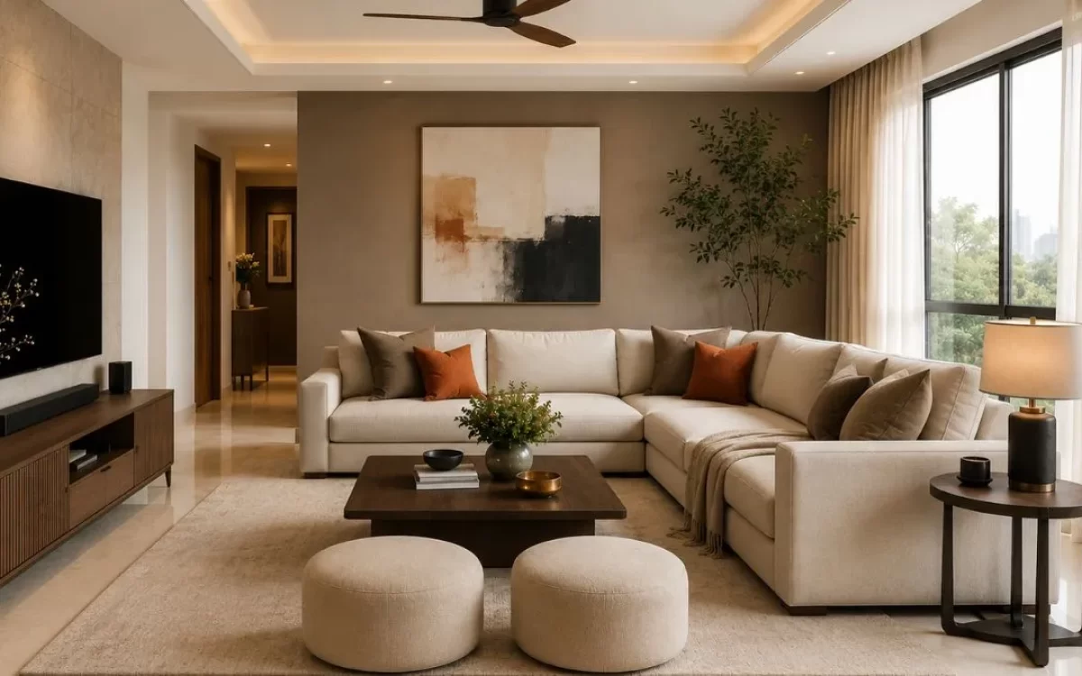 Warm living room with a beige sectional couch, brown accent wall, and small orange accent pillows.
