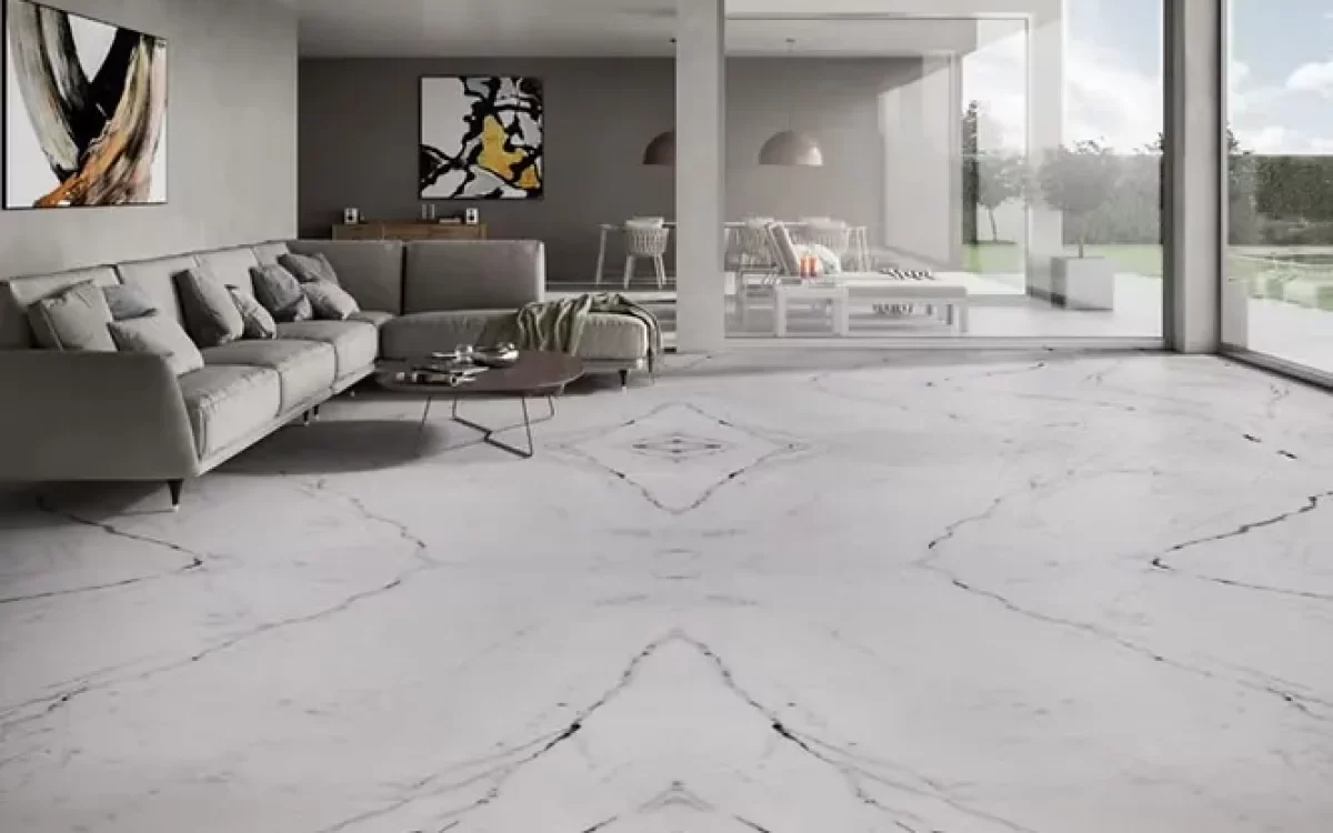Modern living room with elegant Italian marble flooring and luxury interior decor.