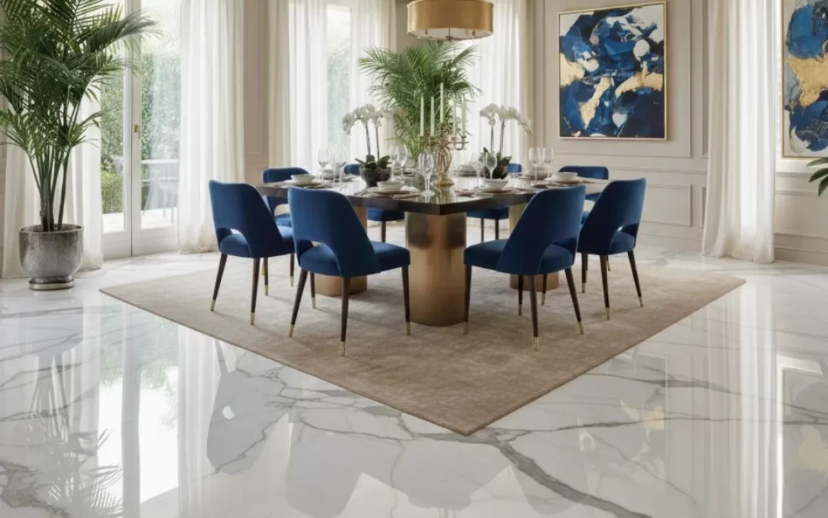 Luxury dining room featuring shiny Italian Marble flooring, blue chairs, and elegant gold decor.