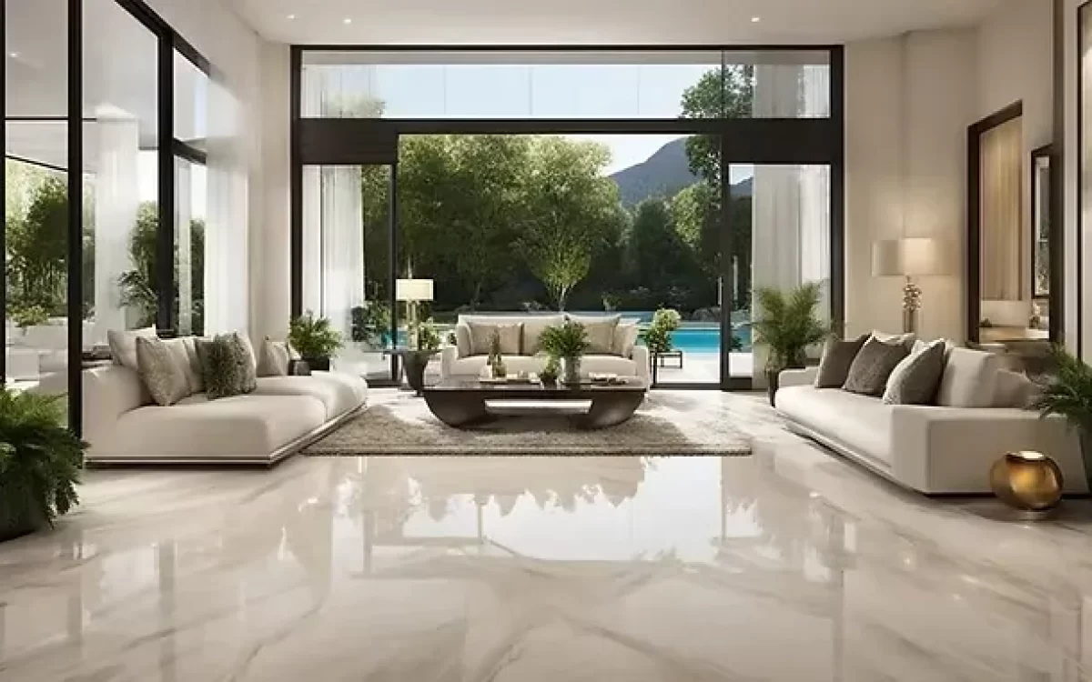 Luxury living room with white sofas, a glossy marble floor, and large glass doors looking out at a pool.